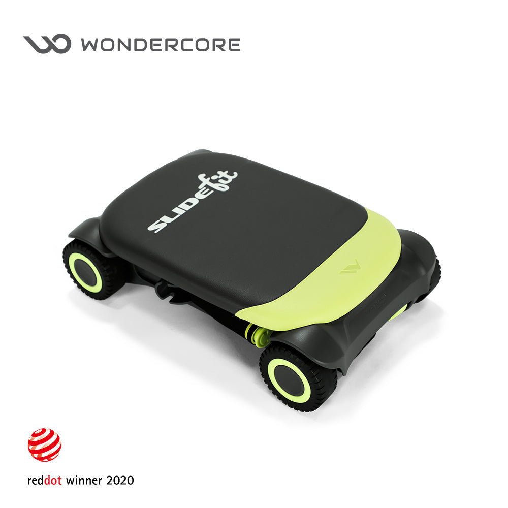 Wonder Core SlideFit auto-rebound ab roller in black and lime green, red dot winner 2020, on a white background