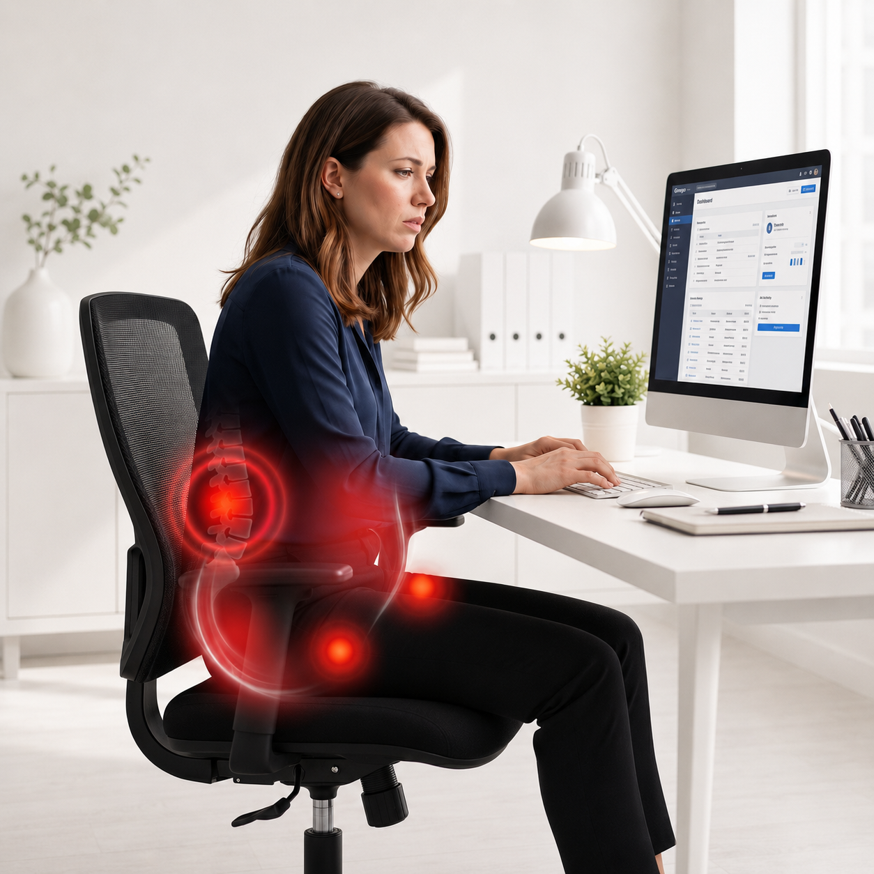 Woman in a navy top working at a desktop computer in a black mesh office chair, with red glowing pain spots on her lower back, illustrating how sitting all day weakens the core and causes back pain