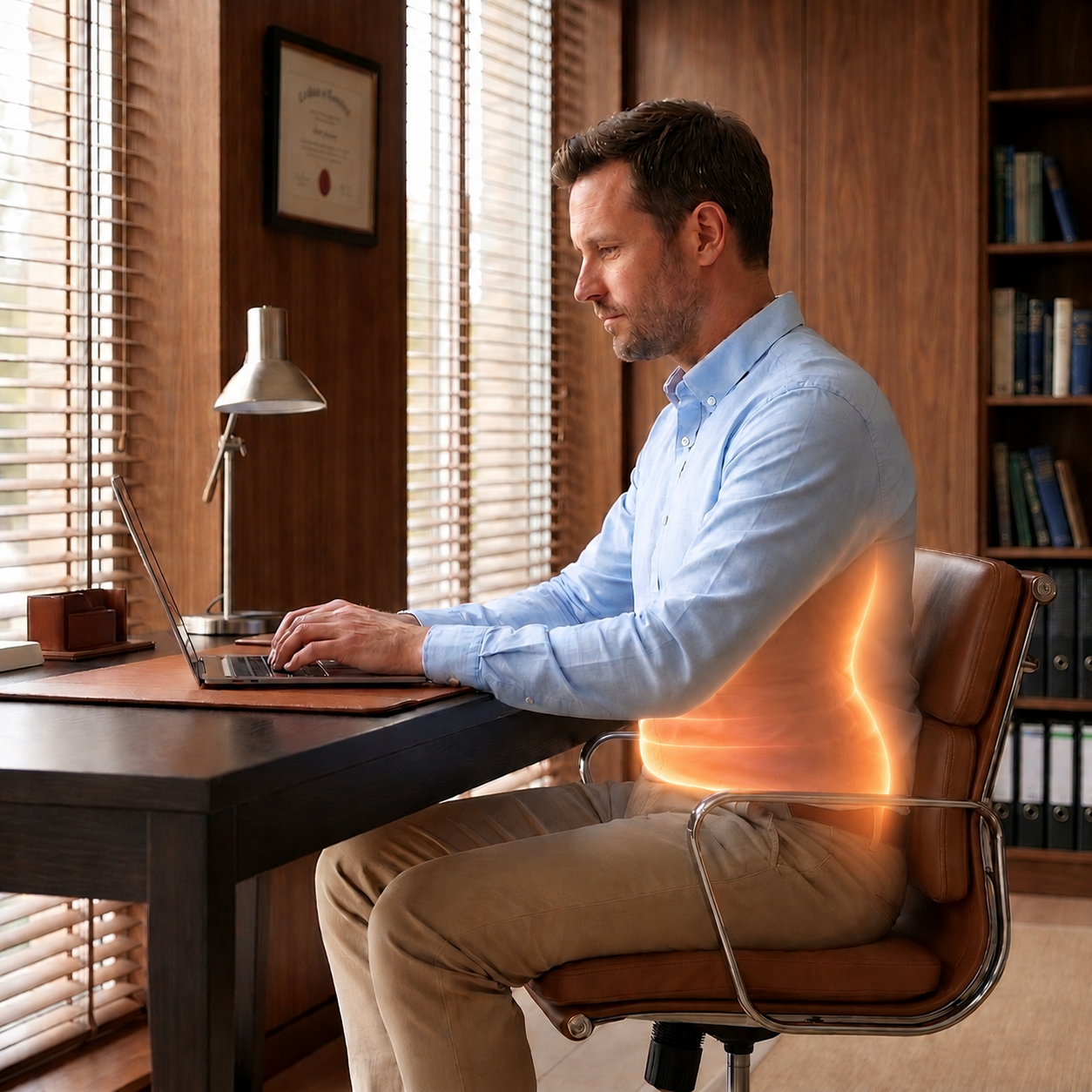 Professional man working at an office desk with an orange glow highlighting his core muscles while seated upright.