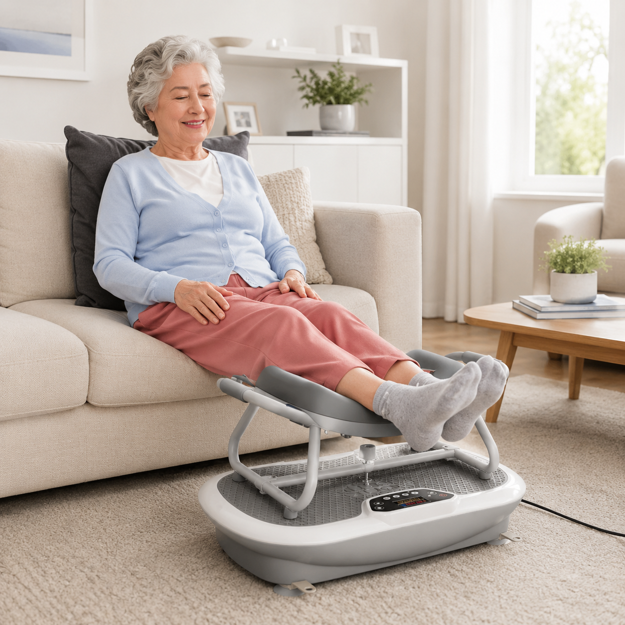Smiling senior woman relaxing on a sofa with her feet resting on a Wonder Core vibration plate, demonstrating a low-impact seated vibration plate routine for older adults