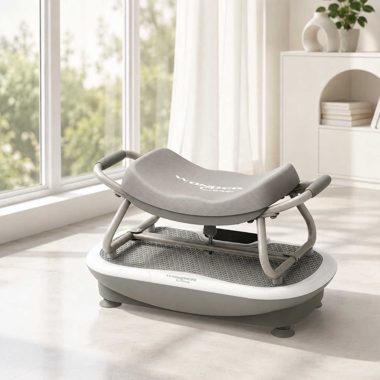 Wonder Core Rock N Fit vibration plate with a padded seat attachment in a bright home living room, the home vibration plate discussed in this review of the research