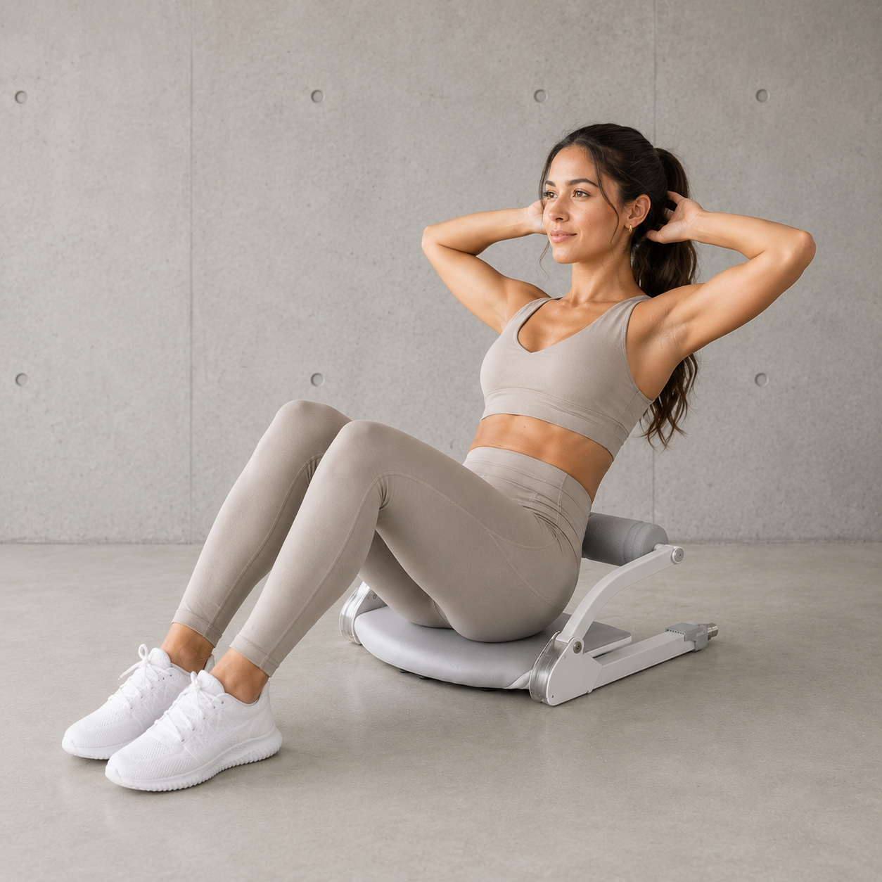 Woman doing a crunch on the gray Wonder Core Smart ab trainer against a concrete wall, a top 2026 home ab machine for beginners