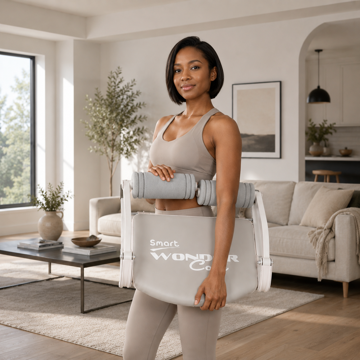 Woman in gray activewear standing in a bright living room, carrying a folded stardust-gray Wonder Core Smart ab trainer, showing space-saving foldable home gym equipment for small apartments