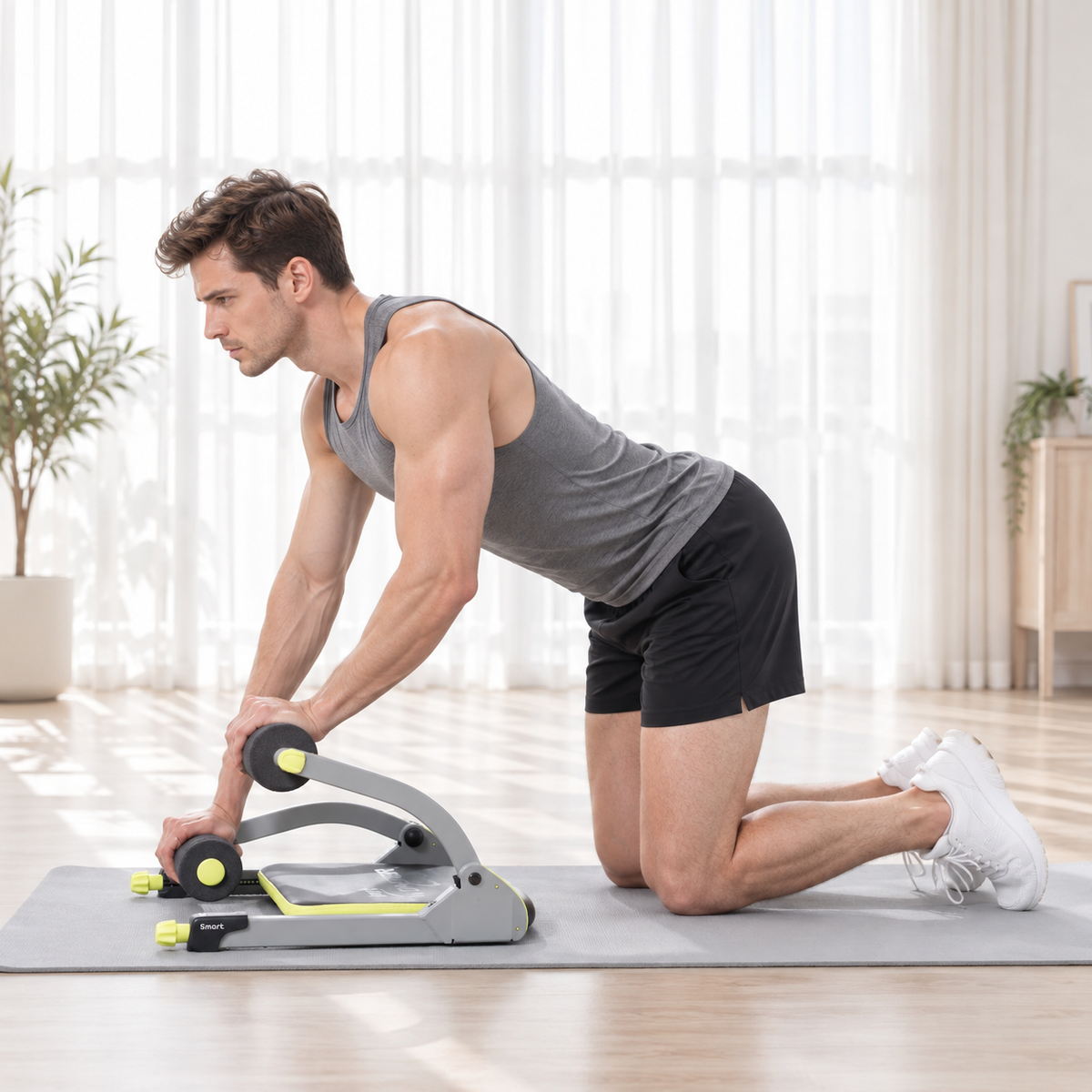 Man kneeling on a mat doing the forearm and biceps exercise on the Wonder Core Smart, gripping the foam rollers, one of the 8 moves in a first-month progression guide