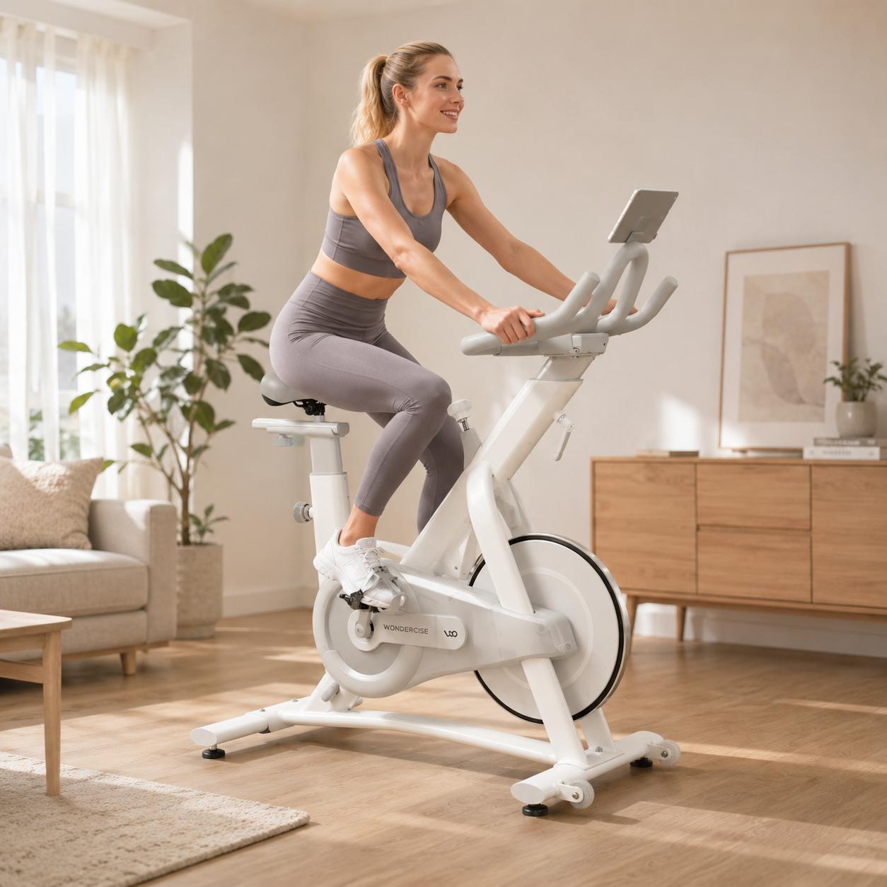 A woman doing a beginner indoor cycling workout on a white Wondercise Bike in a bright living room, following a class on the handlebar-mounted tablet