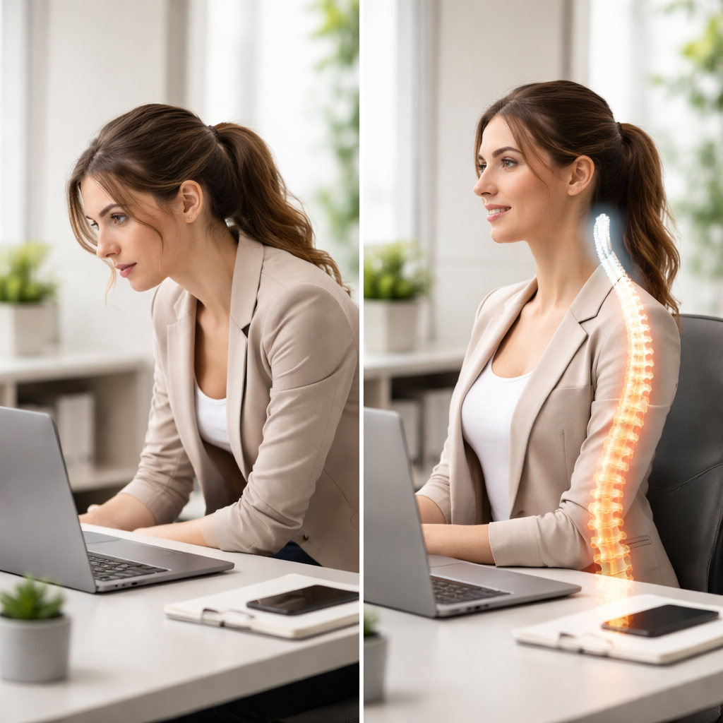 Side-by-side office posture comparison of a woman hunched over a laptop versus sitting upright with a highlighted spine, showing posture mistakes that cause back pain