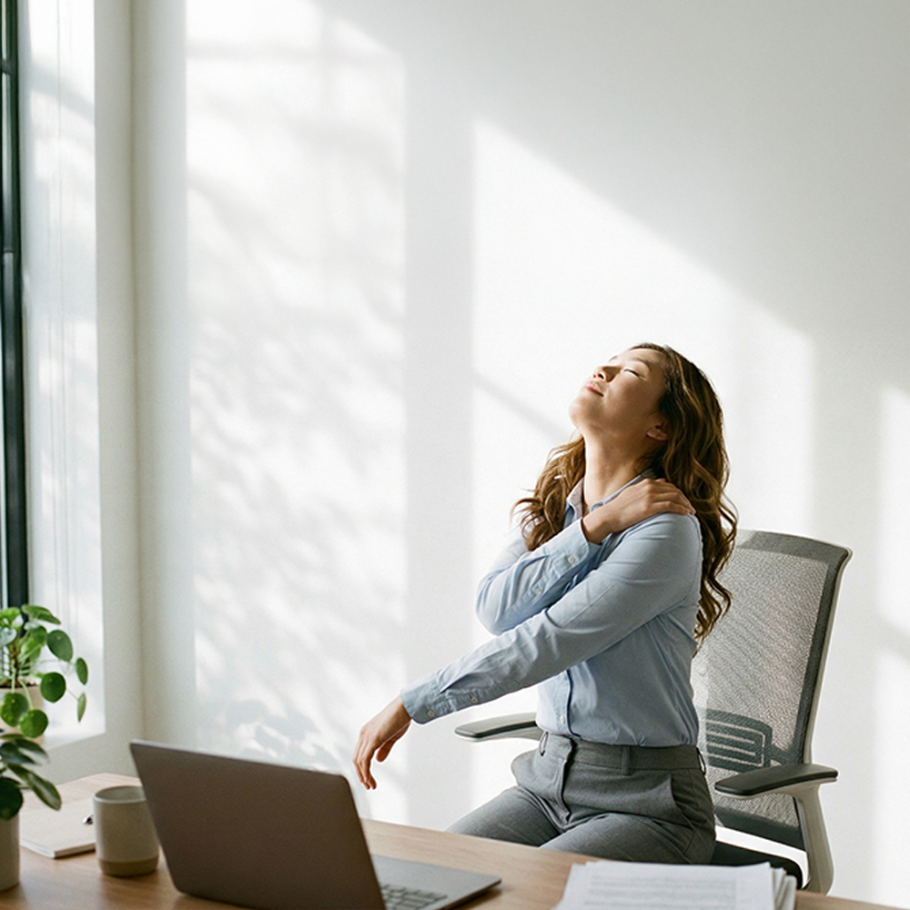 Woman at a desk easing shoulder discomfort on a mesh office chair by a sunlit window, illustrating the toll of prolonged sitting