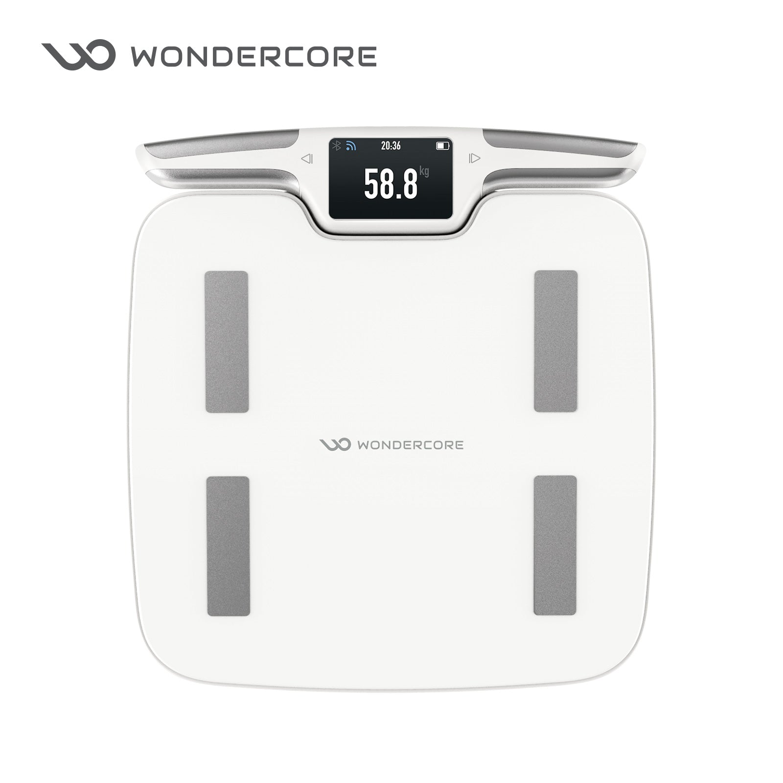 Wonder Core FitSpec 8-electrode body fat scale viewed from above, retractable handle with hand electrodes raised and color display reading 58.8 kg, four foot electrode pads on white glass
