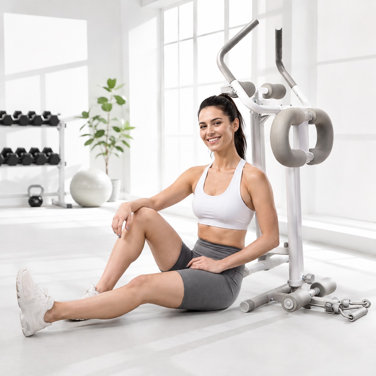Woman sitting on the floor beside a Wonder Core Pro Max 4-in-1 home gym in a bright home workout room, ready to start her weekly workout routine