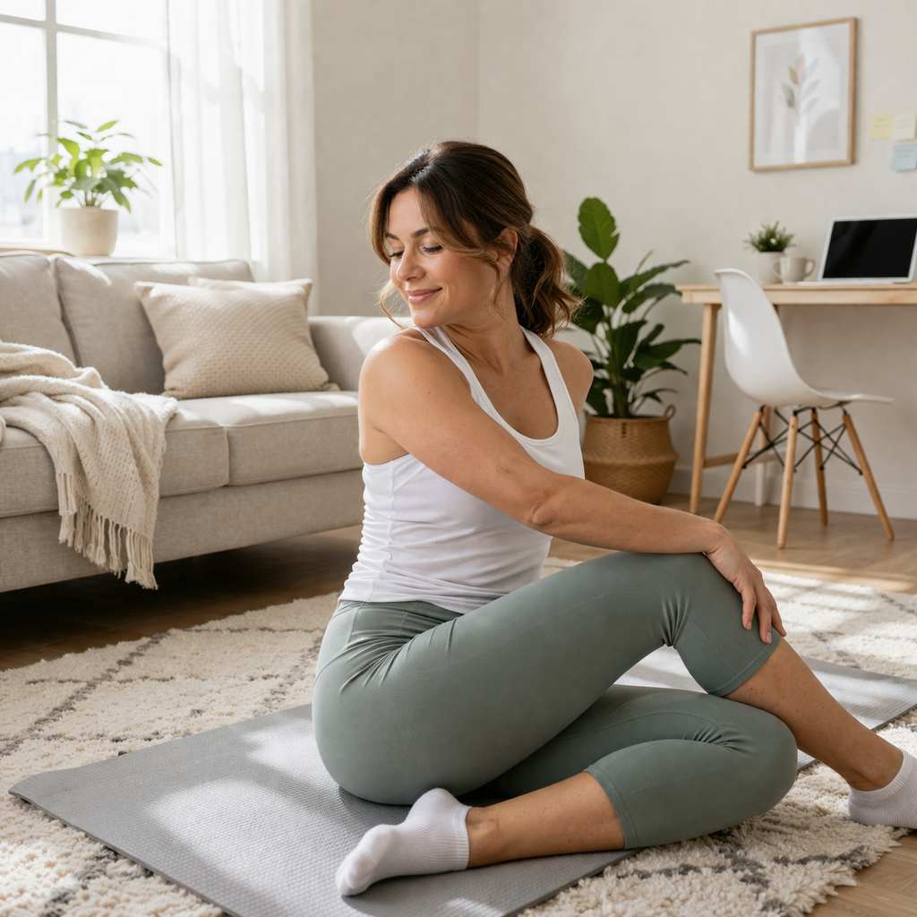 Woman stretching on a yoga mat in a cozy living room, illustrating an at-home slim waist workout routine for busy women