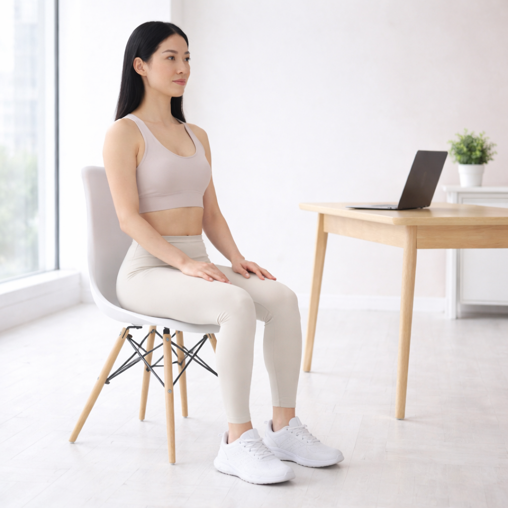 Woman sitting upright on a chair at a desk with a laptop in a bright room, demonstrating seated desk exercises for office workers